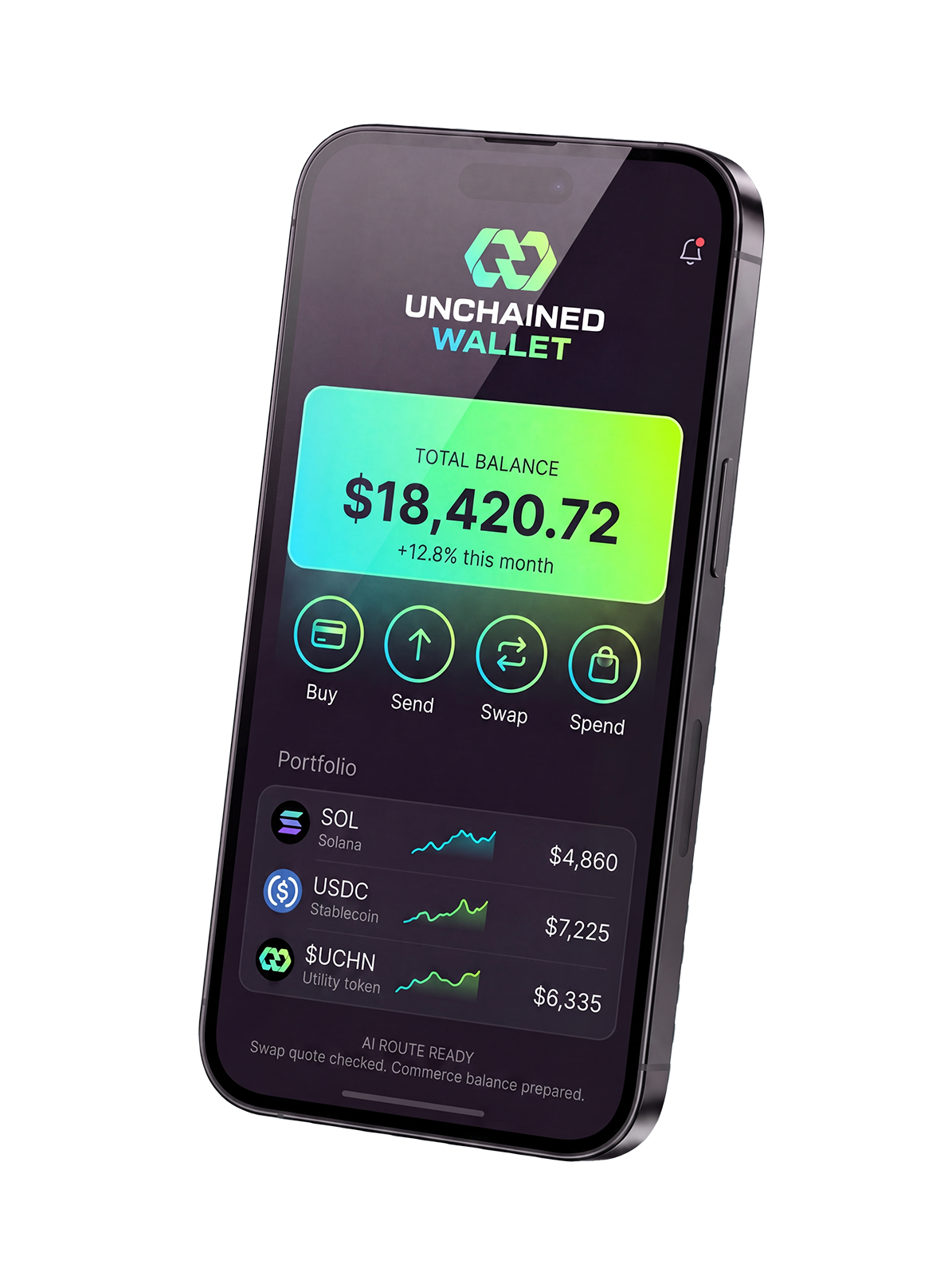 Unchained Wallet app mockup showing balance, quick actions, and Solana assets